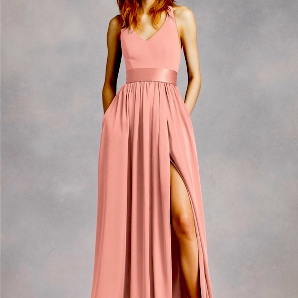 White by Vera Wang V Neck Halter Gown with Sash